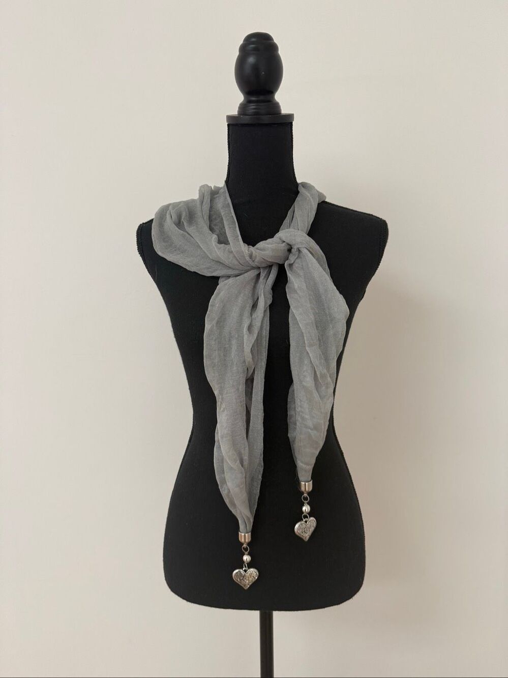Sheer Gray Crinkle Scarf Headband Wrap with Heart Charms